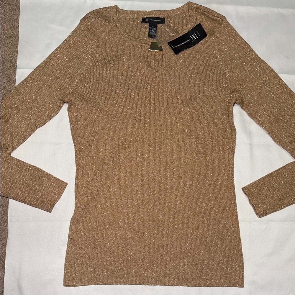 INC International Concepts Metallic Camel Long Sleeve Keyhole Top